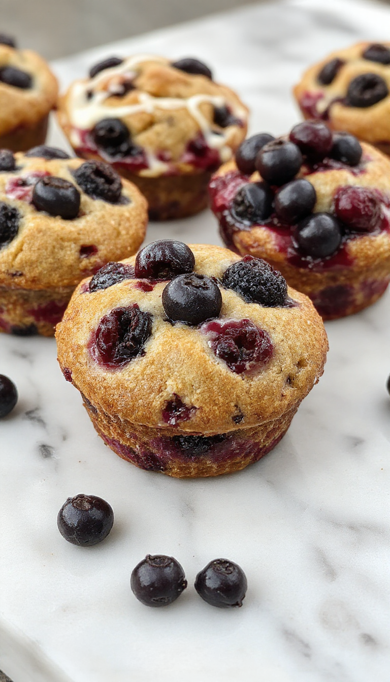 Freshly baked blueberry yogurt muffins outside on a rustic wooden table