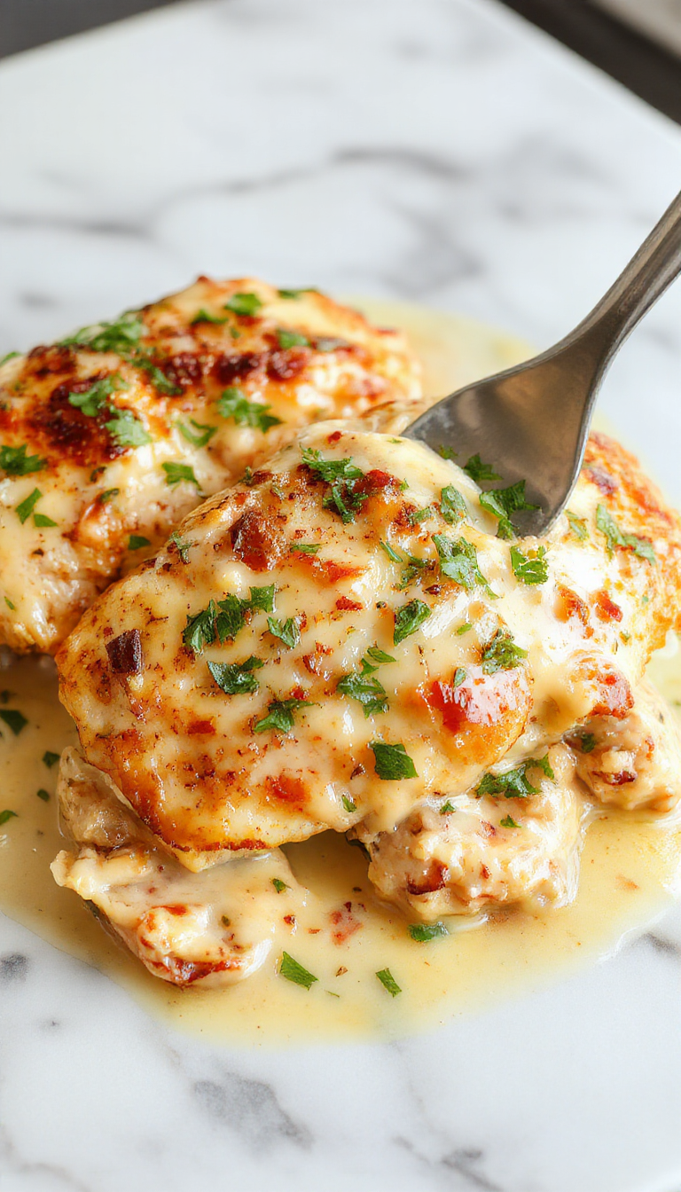Juicy, golden skillet chicken topped with creamy butter sauce and fresh herbs, served on a rustic plate.