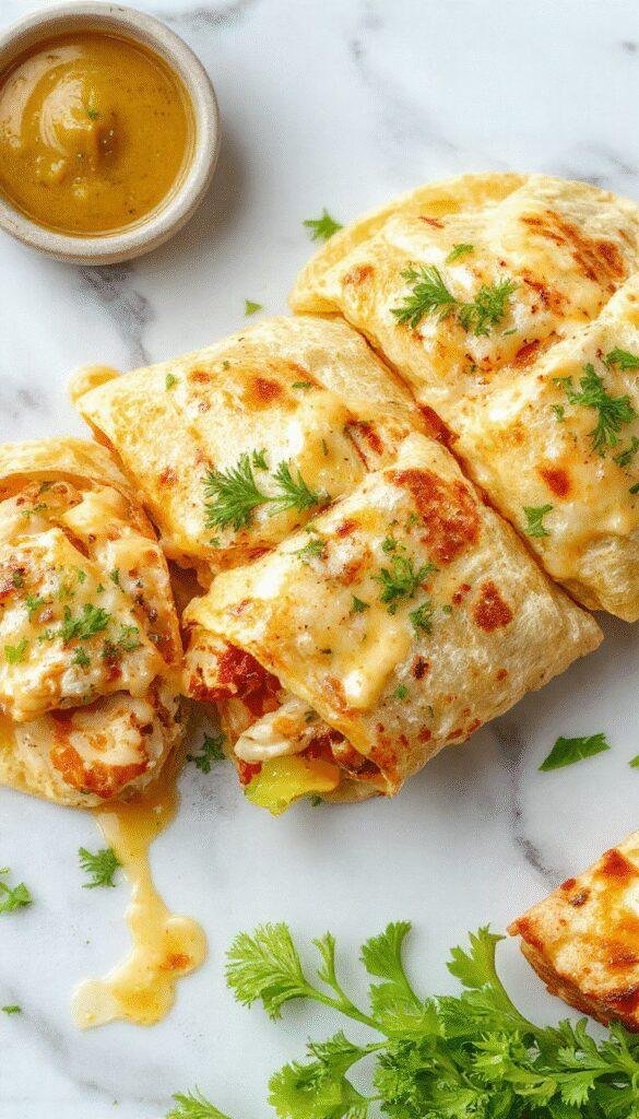 Close-up of cheesy garlic chicken wraps filled with melted cheese and seasoned chicken, wrapped in warm tortillas.