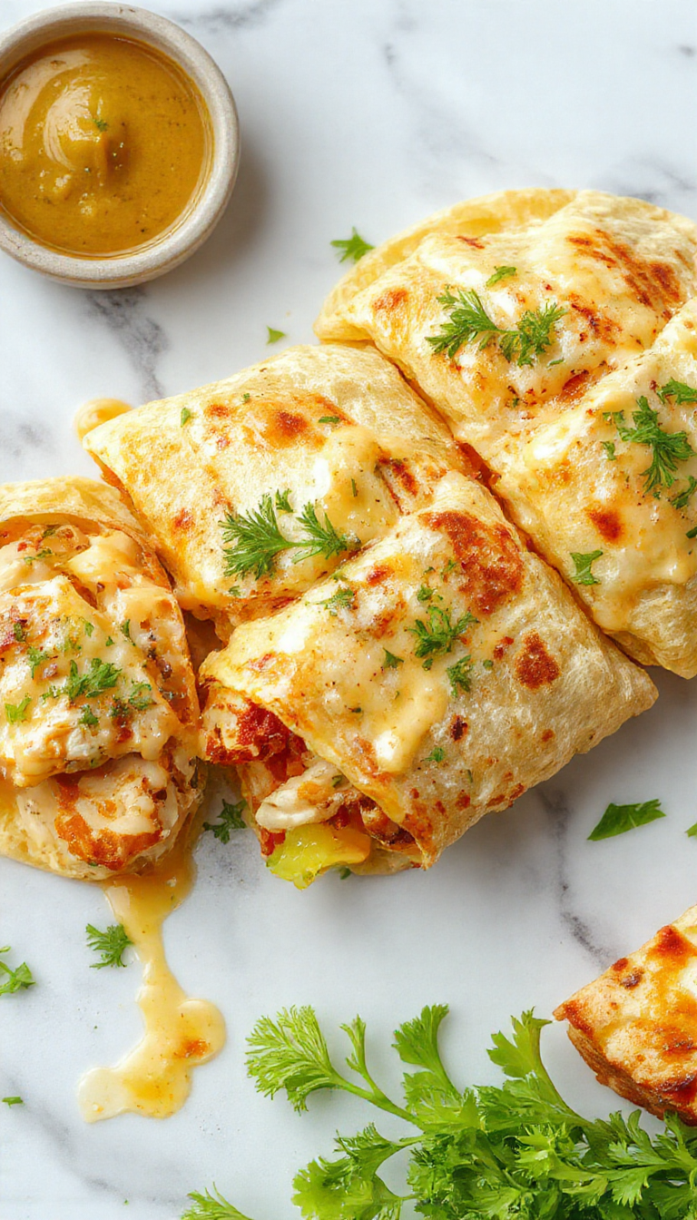 Close-up of cheesy garlic chicken wraps filled with melted cheese and seasoned chicken, wrapped in warm tortillas.