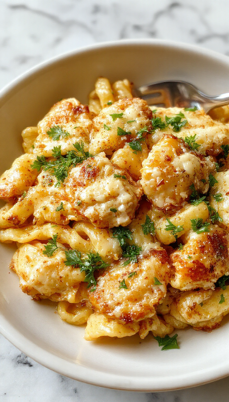 A plate of cheesy Parmesan chicken pasta topped with fresh herbs and grated cheese