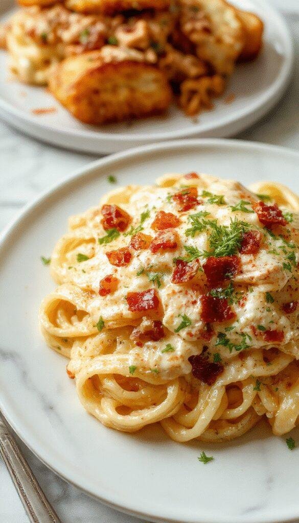 A bowl of creamy chicken bacon ranch pasta topped with chopped herbs