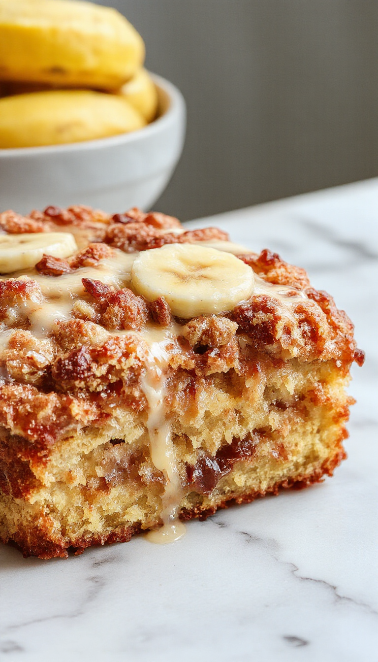A slice of dreamy banana crumb cake with a golden crumb topping and ripe banana slices on top, served on a white plate.