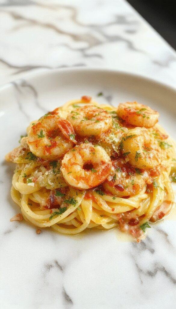 A plate of Dreamy Creamy Garlic Shrimp Pasta garnished with fresh herbs and lemon wedges, showcasing succulent shrimp and creamy sauce.