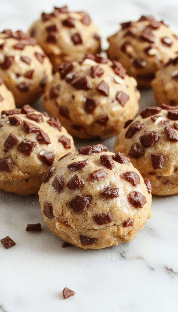 A close-up of creamy red velvet no-bake cookie dough treats garnished with chocolate chips on a elegant plate