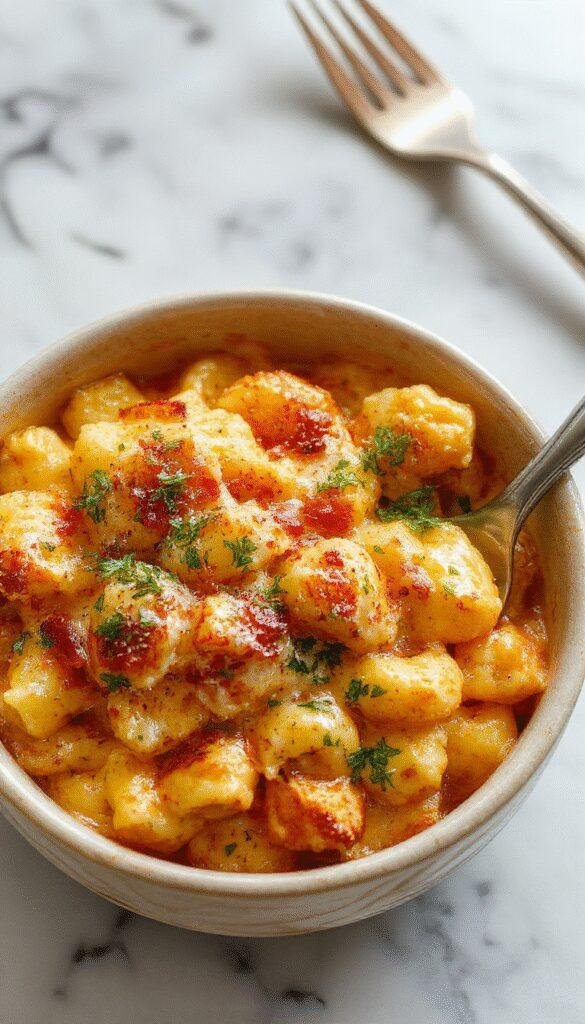 Creamy mac and cheese topped with smoky BBQ chicken and tangy sauce in a rustic bowl