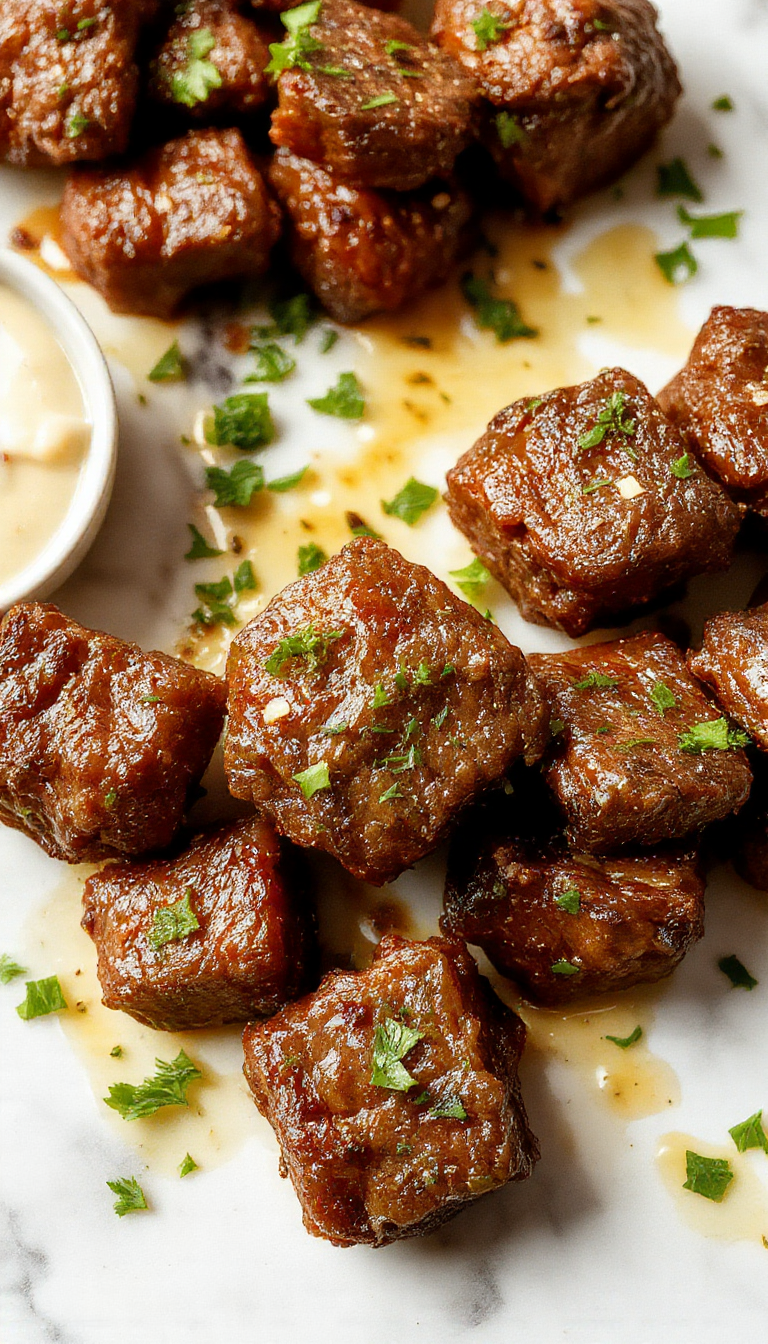Juicy garlic butter beef bites served on a rustic plate with fresh herbs