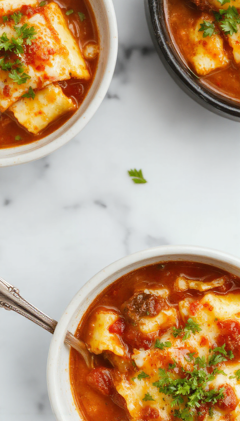 A steaming bowl of rich crockpot lasagna soup topped with melted cheese and fresh basil, served with crusty bread on the side.