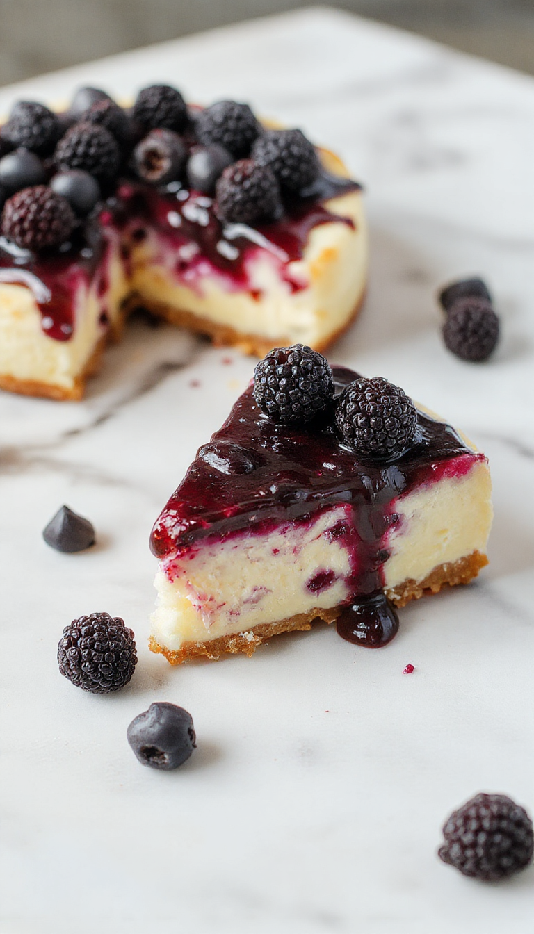 A slice of enchanting midnight blueberry cheesecake topped with fresh blueberries and a glossy glaze