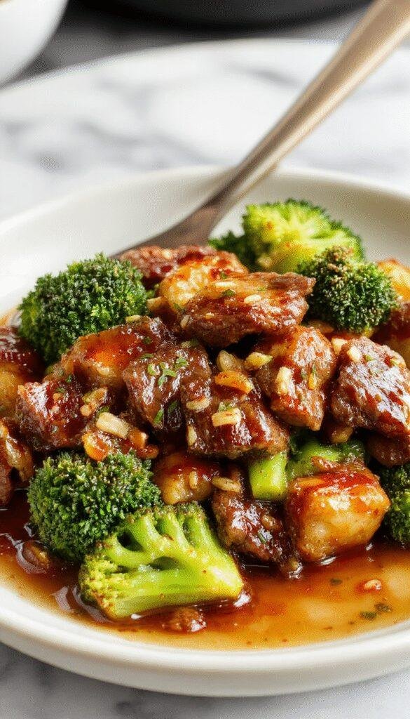 Golden Honey Garlic Beef & Broccoli stir-fry sizzling in a skillet with caramelized beef and vibrant broccoli