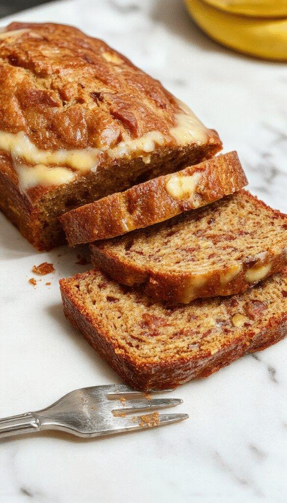 Homemade cafe-style banana bread on a rustic wooden table with a cup of coffee