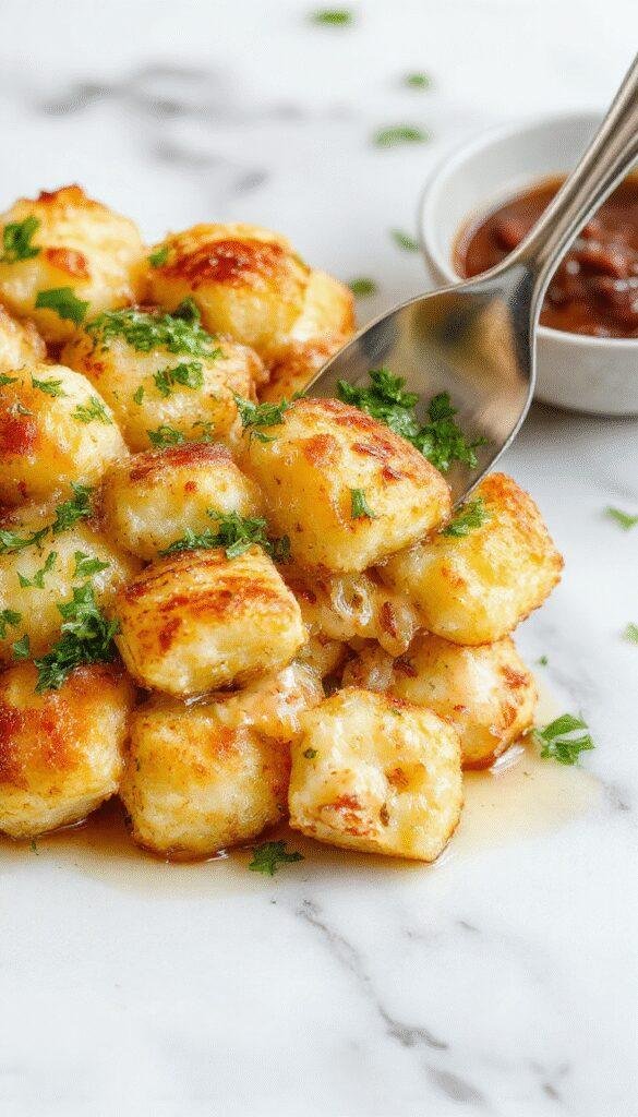 A delicious homestyle tater tot bake in a baking dish topped with melted cheese and crispy golden tater tots
