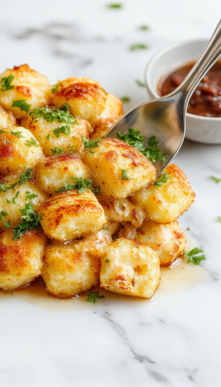 A delicious homestyle tater tot bake in a baking dish topped with melted cheese and crispy golden tater tots