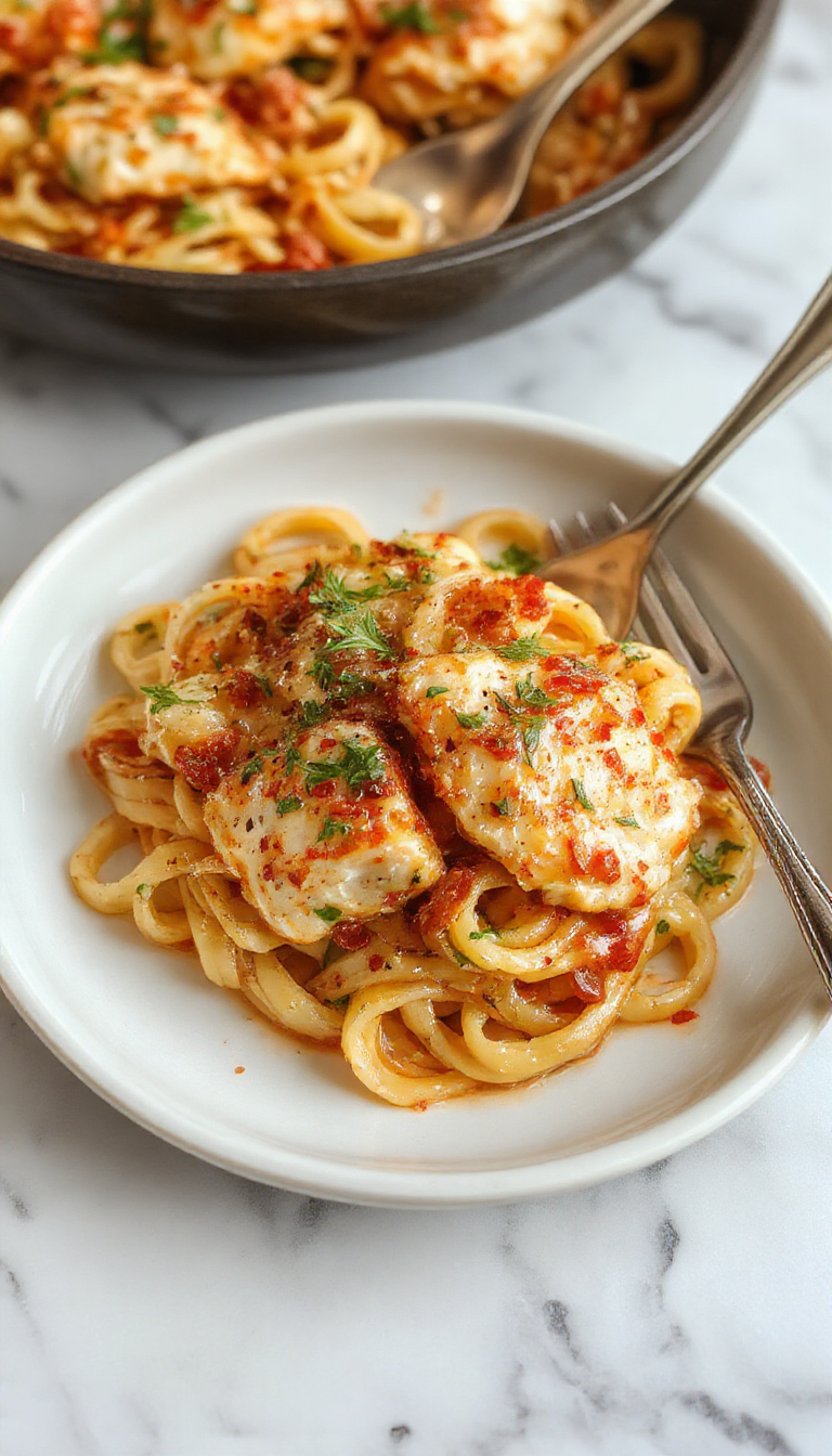 A plate of Honey Pepper Chicken Pasta garnished with fresh herbs, showcasing tender chicken, pasta, and a glossy honey pepper sauce.