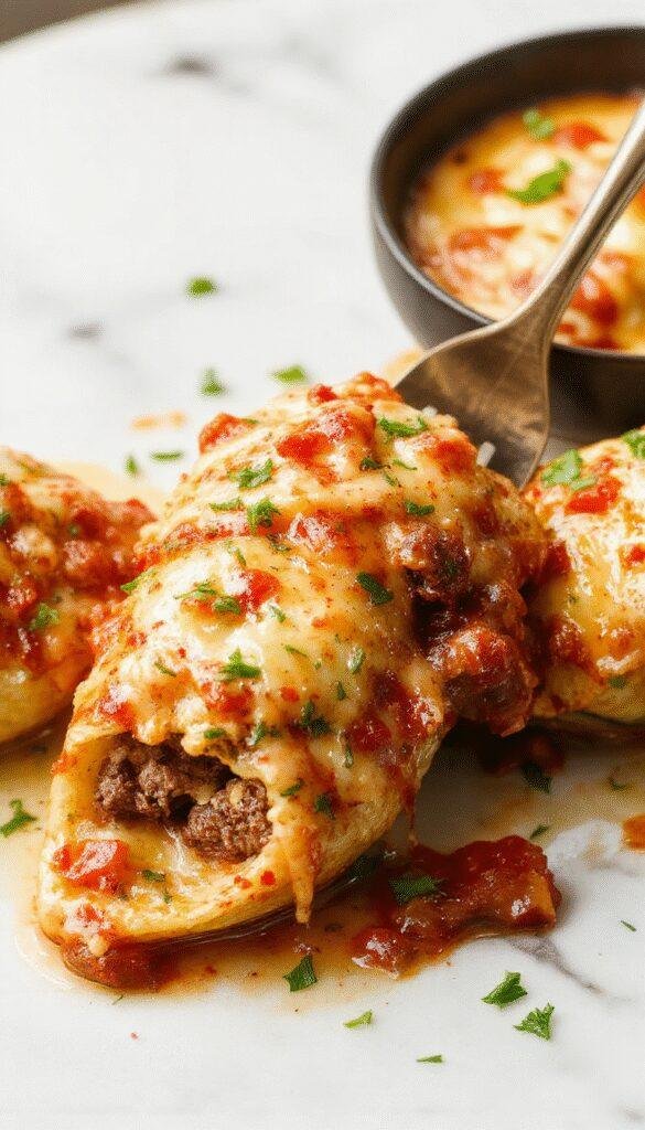 A plate of creamy beef and ricotta stuffed pasta shells topped with melted cheese and fresh herbs