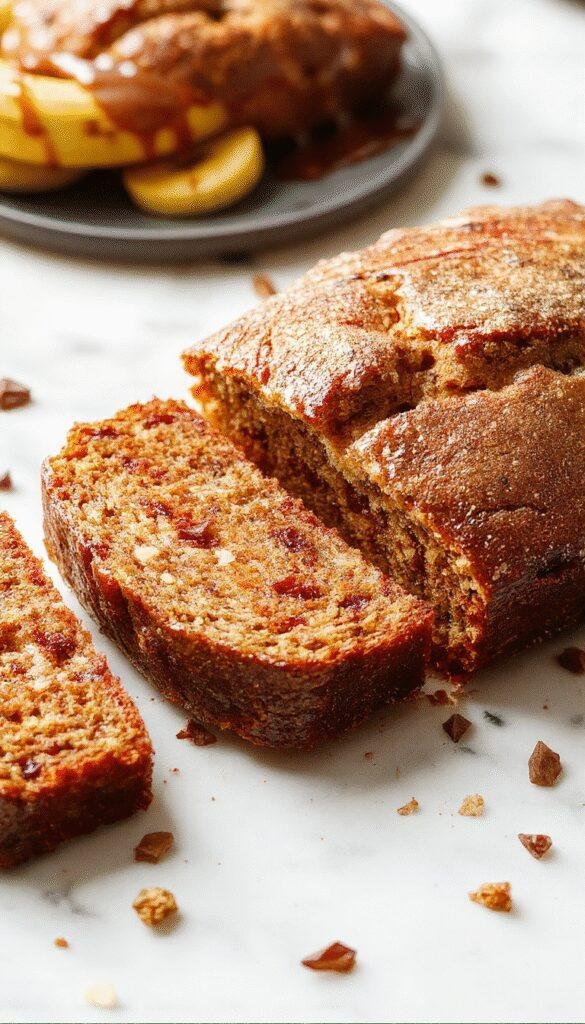 A freshly sliced banana bread loaf with golden crust and moist crumb, garnished with banana slices and walnuts on a wooden cutting board.