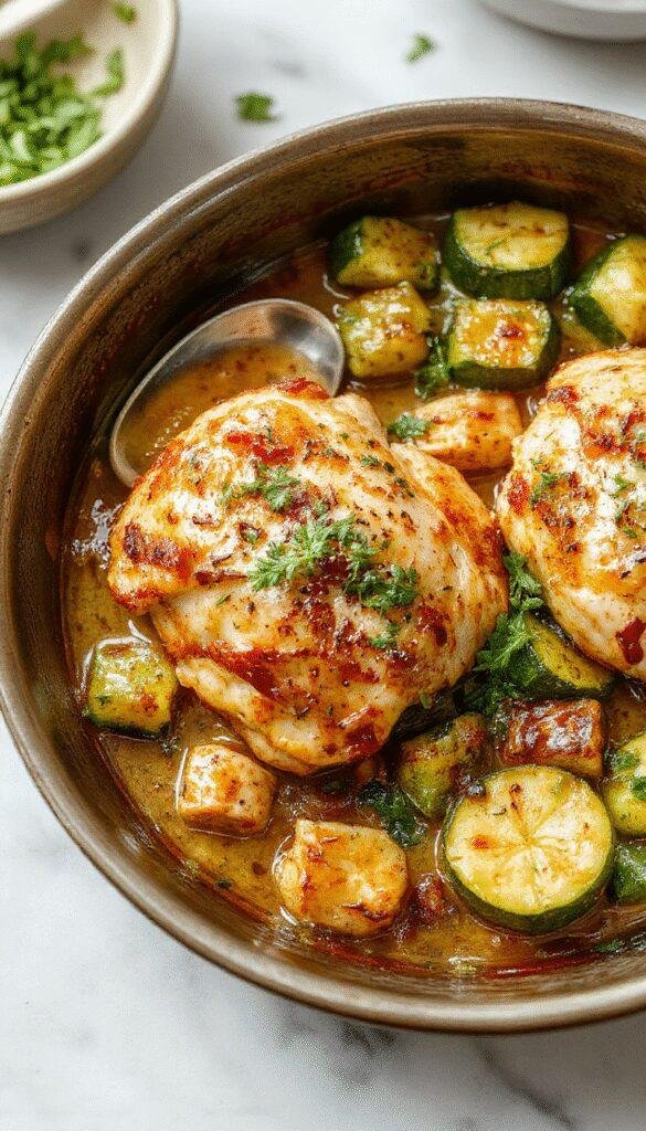 A vibrant one-pan Mediterranean chicken and zucchini dish garnished with fresh herbs on a rustic plate