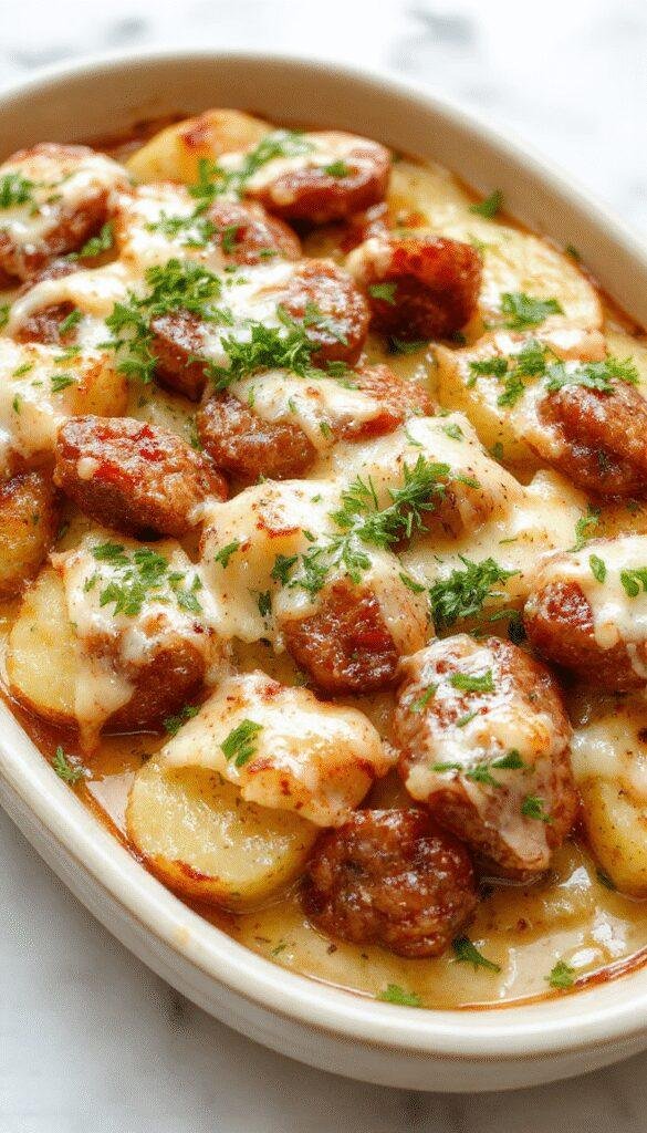 A close-up of a Ranch & Smoked Sausage Potato Bake in a baking dish, topped with melted cheese and fresh herbs.