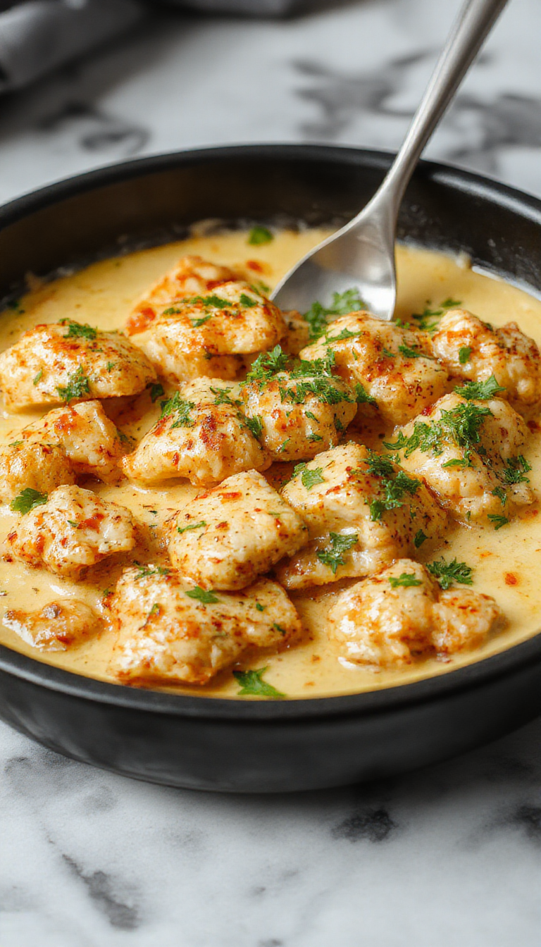 A sizzling skillet of creamy butter chicken garnished with fresh herbs, ready to serve for a delicious weeknight dinner.