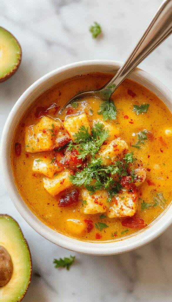 A steaming bowl of Mexican street corn soup garnished with cilantro and cheese, served in a rustic bowl