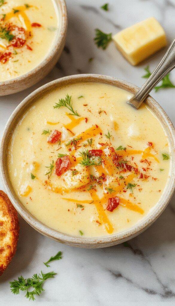 A warm bowl of Soulful Golden Cheddar & Herb Potato Soup with melted cheese and fresh herbs on top
