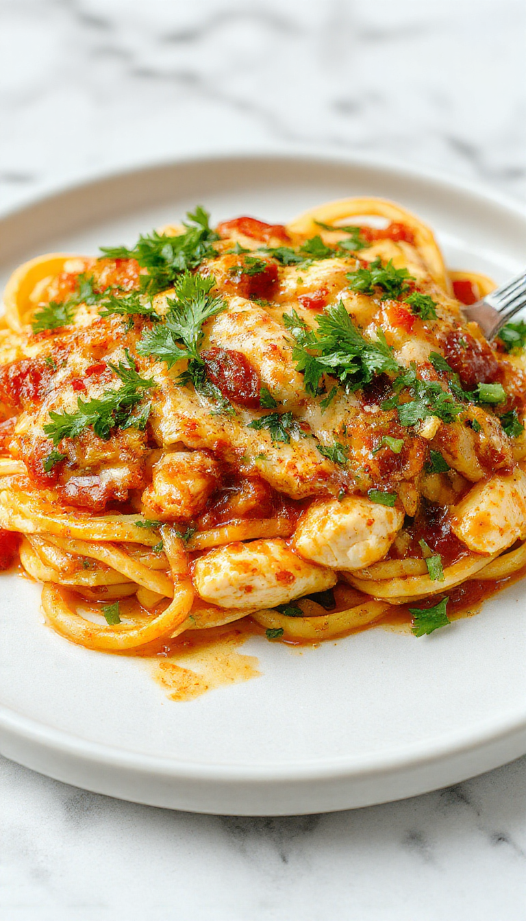 A delicious baked Spicy Southern Chicken Spaghetti dish with melted cheese on top and garnished with fresh herbs