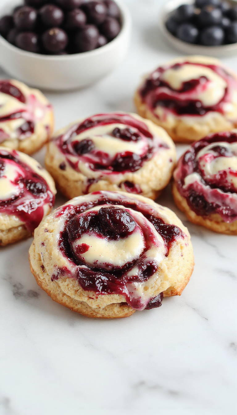 Freshly baked Blueberry Cheesecake Swirl Cookies with vibrant blueberry swirls on top