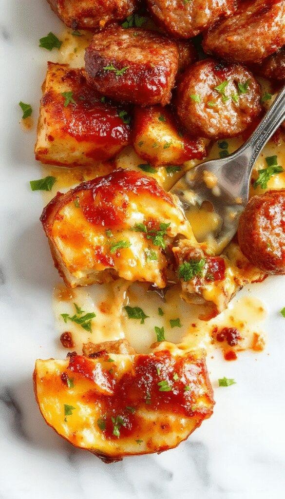 A baked dish featuring sliced smoked sausage, crispy roasted potatoes topped with melted cheese and drizzled with ranch dressing.