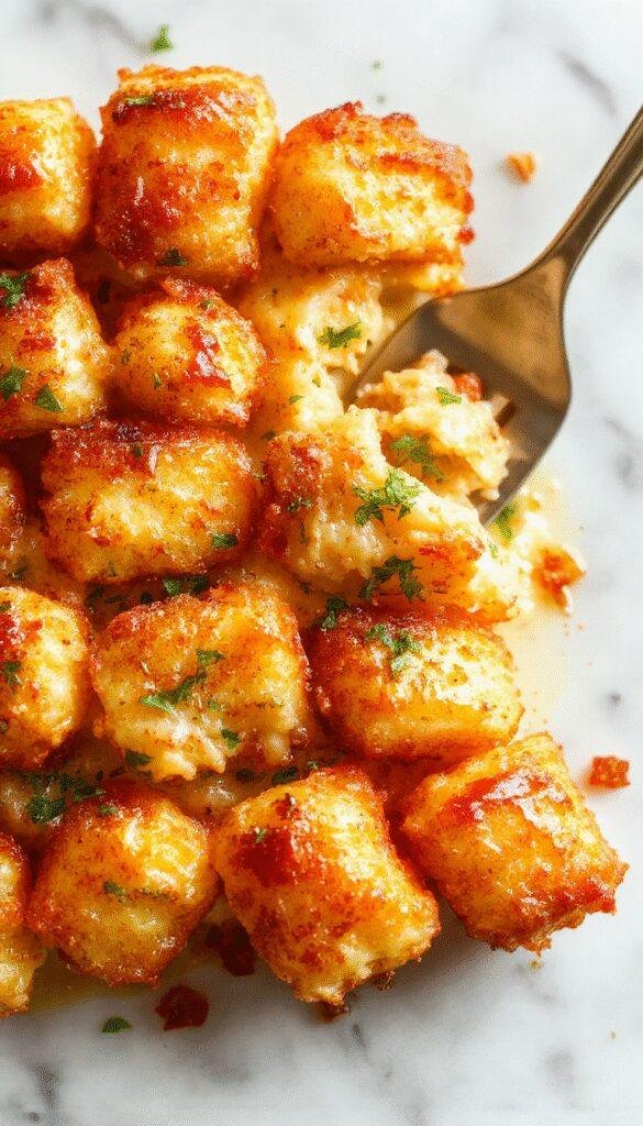 A delicious homestyle Tater Tot Casserole in a baking dish topped with golden crispy Tater Tots
