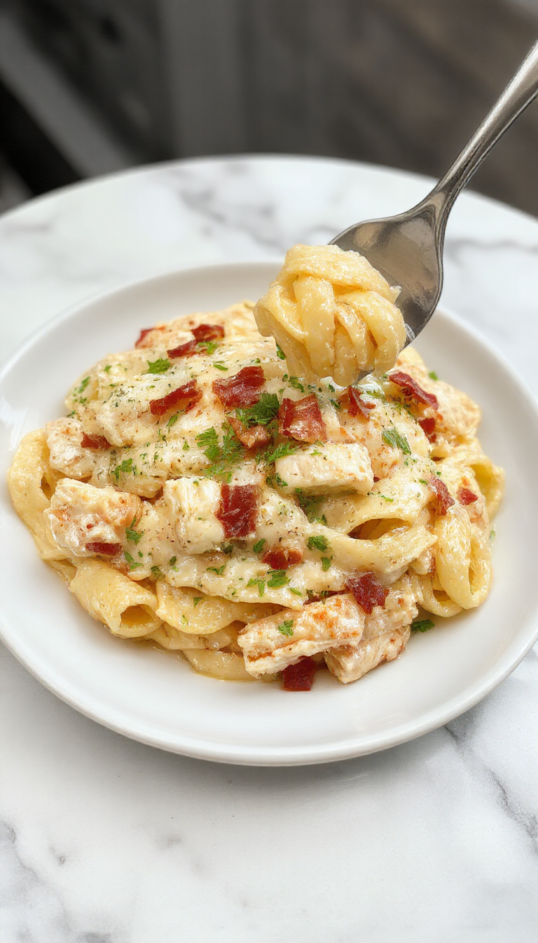 A bowl of creamy chicken bacon ranch pasta garnished with fresh herbs, showcasing tender chicken pieces and crispy bacon in a rich sauce