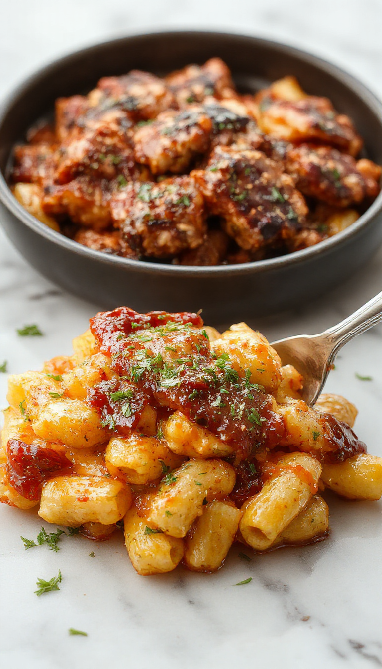 A creamy bowl of BBQ chicken mac and cheese topped with smoky grilled chicken and melted cheese