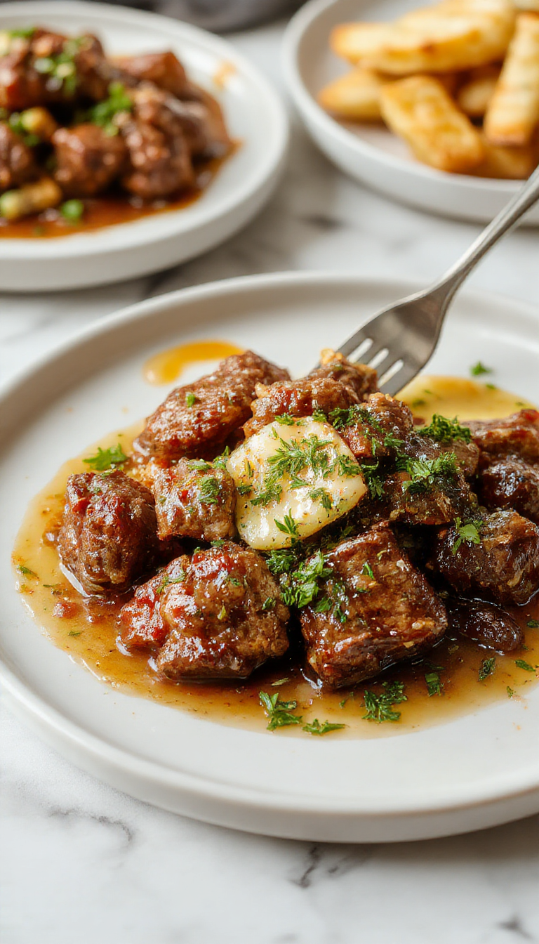 A plate of juicy garlic butter beef bites garnished with fresh herbs, served with side vegetables.