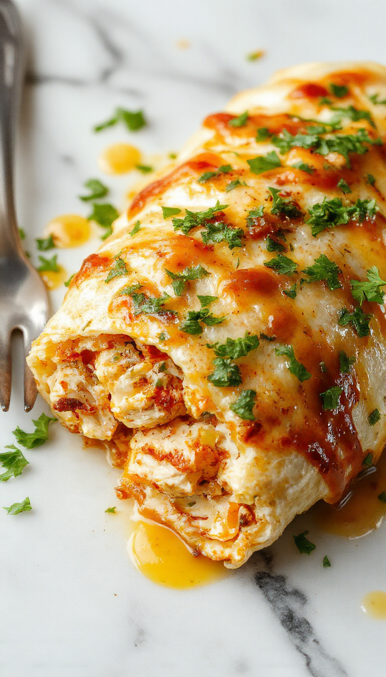 A colorful chicken burrito bake with melted cheese, fresh tomatoes, and green peppers served in a casserole dish.