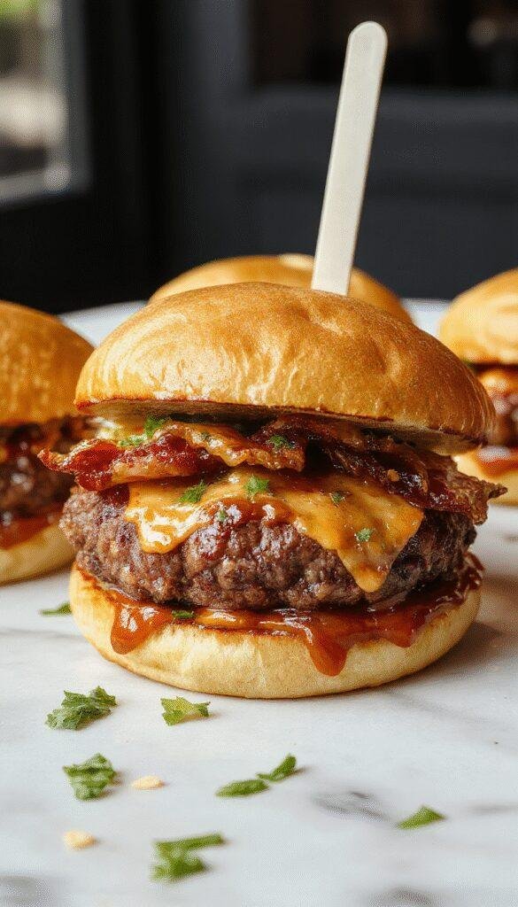 A plate of juicy bourbon BBQ bacon cheeseburger meatballs garnished with fresh herbs on a rustic wooden table.