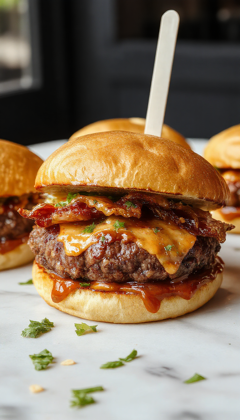 A plate of juicy bourbon BBQ bacon cheeseburger meatballs garnished with fresh herbs on a rustic wooden table.