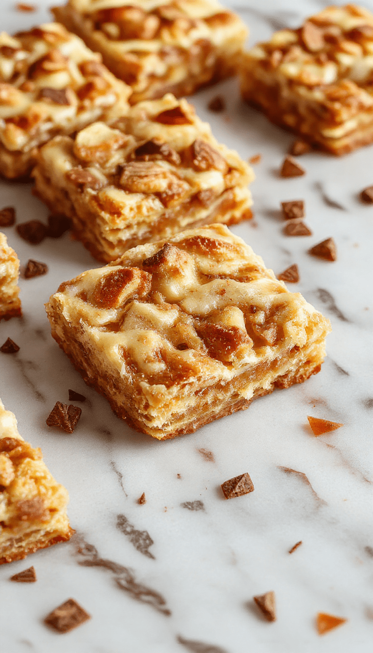 A close-up of golden apple crisp shortbread bars arranged on a rustic white plate, topped with cinnamon sugar and a dollop of whipped cream, vibrant red and green apple slices garnishing the background, rustic wooden table beneath, inviting and warm autumn ambiance
