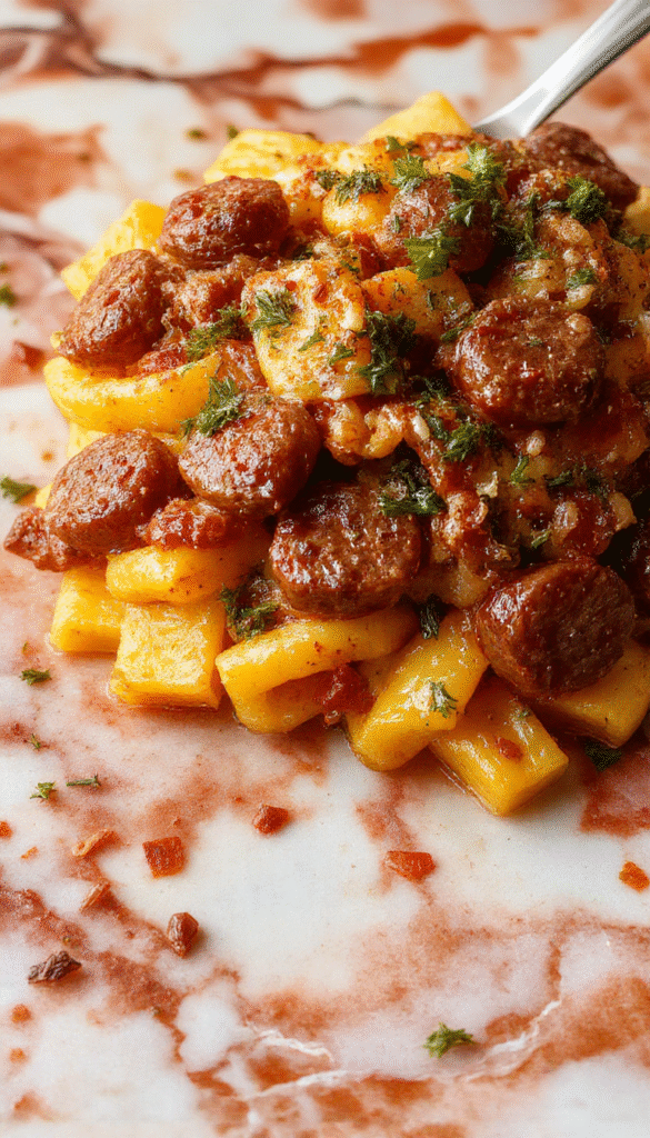 A colorful plate of autumn sausage pasta served inside halved roasted squash, topped with fresh herbs, showcasing textures of crispy sausage, tender squash, and al dente pasta with vibrant orange and green accents.