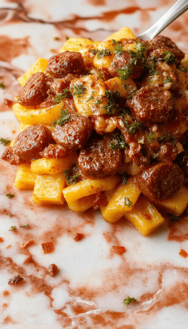 A colorful plate of autumn sausage pasta served inside halved roasted squash, topped with fresh herbs, showcasing textures of crispy sausage, tender squash, and al dente pasta with vibrant orange and green accents.