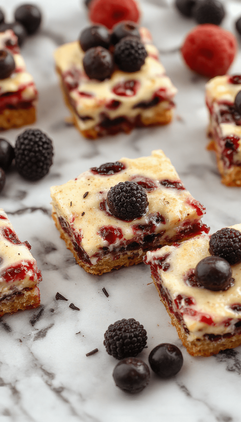 A close-up image of vibrant blueberry cream cheese bars on a rustic wooden plate, showing the layered textures of golden crust, creamy cheesecake filling, and fresh blueberries topping, with a light dusting of powdered sugar and a sprig of mint for garnish, styled with a soft-focus background of baking ingredients.