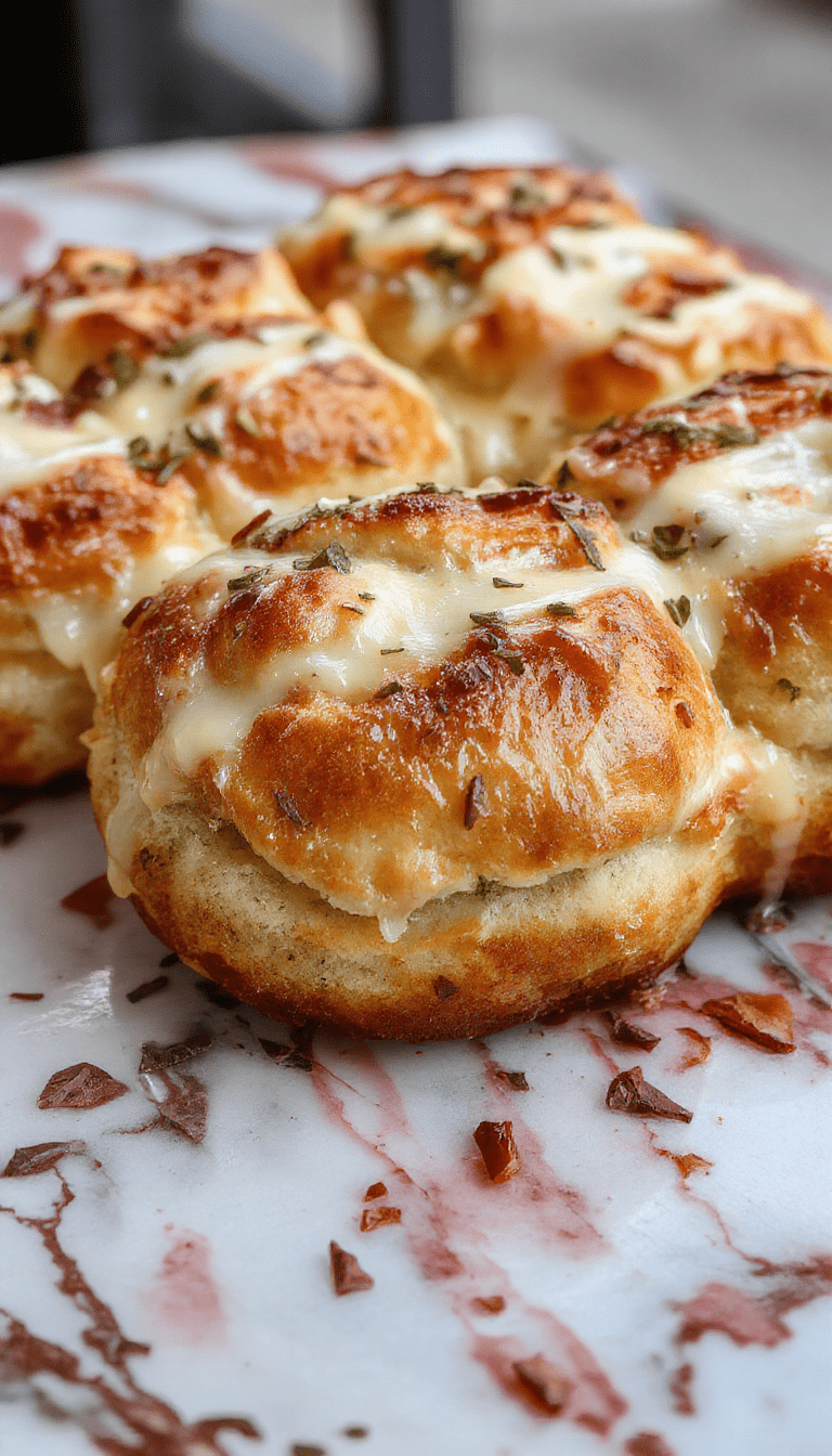A golden-brown cheesy pull apart bread placed on a rustic wooden board, topped with melted cheese and chopped herbs, with gooey strands stretching as it is pulled apart, styled with a napkin and a small bowl of marinara sauce nearby.