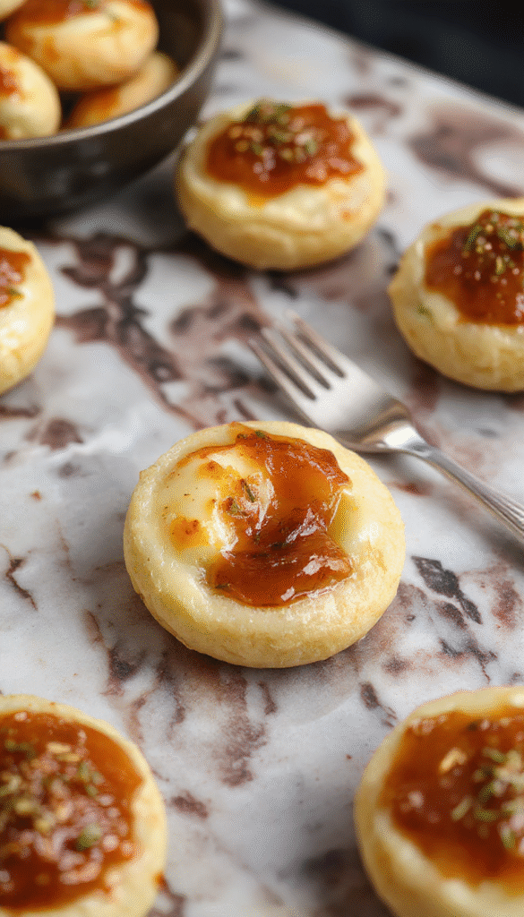 Colorful presentation of cheesy thumbprint appetizers arranged on a white plate, topped with vibrant red hot pepper jelly and garnished with fresh herbs, showing crispy golden-brown edges and gooey cheese filling inside each thumbprint.