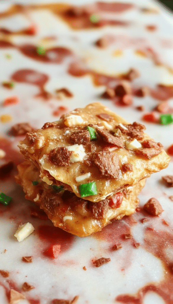 A close-up of golden brown Christmas toffee with a glossy caramel layer topped with chopped nuts, arranged on a festive holiday platter, styled with holiday ornaments in soft lighting.