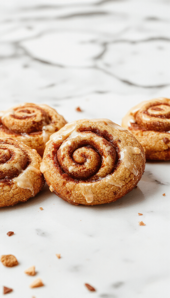 A close-up of golden-brown cinnamon roll cookies arranged on a rustic wooden platter, coated with icing drizzle, showcasing their soft, swirled texture and appetizing cinnamon filling, styled with a sprinkle of cinnamon and a cozy background.