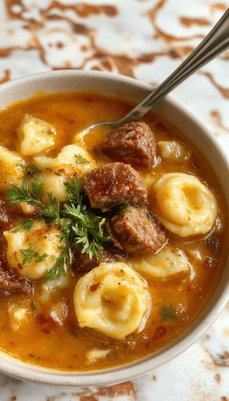 A warm bowl of autumn tortellini soup topped with fresh herbs, creamy sausage pieces, and colorful fall vegetables, served in a rustic bowl with a spoon on a wooden table