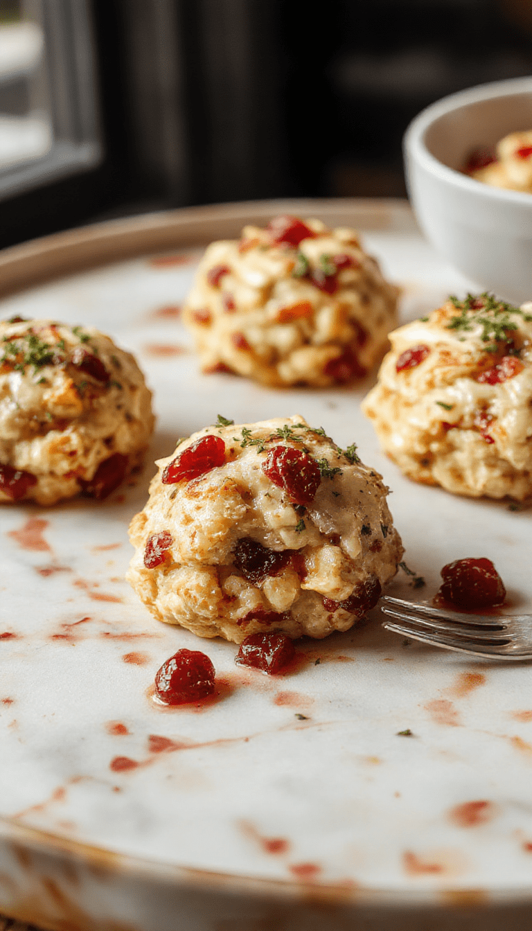 Colorful cranberry and turkey stuffing balls arranged on a white platter, garnished with fresh herbs and served with a tangy dipping sauce, showcasing crispy exterior and moist interior textures, styled with a festive holiday background in warm lighting.