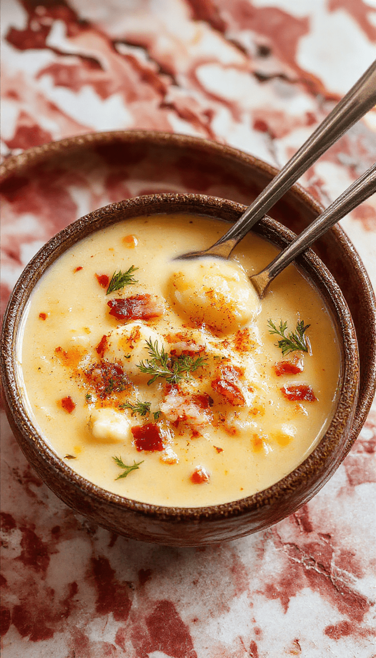 A steaming bowl of creamy bacon cheddar gnocchi soup with melted cheddar cheese, crispy bacon bits, and tender gnocchi, garnished with chopped parsley, presented in a rustic white bowl on a wooden table, with steam rising, showcasing vibrant yellow and white hues, textures of creamy broth and crispy bacon for inviting comfort food appeal.