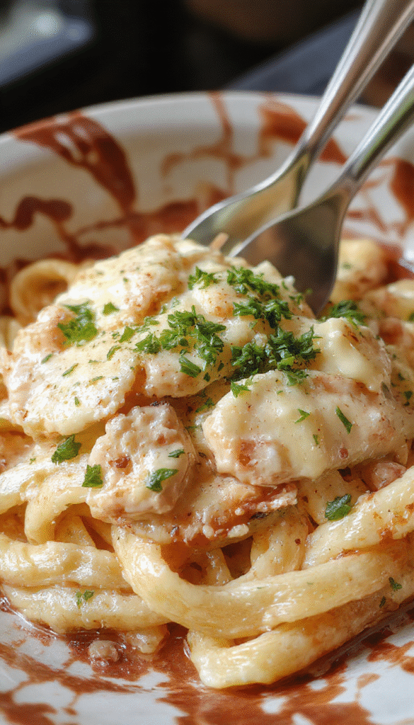 A vibrant plate of creamy Boursin chicken pasta garnished with chopped parsley, featuring tender pasta coated in a rich, cheesy sauce, served alongside sautéed chicken pieces and fresh herbs on a rustic wooden table.