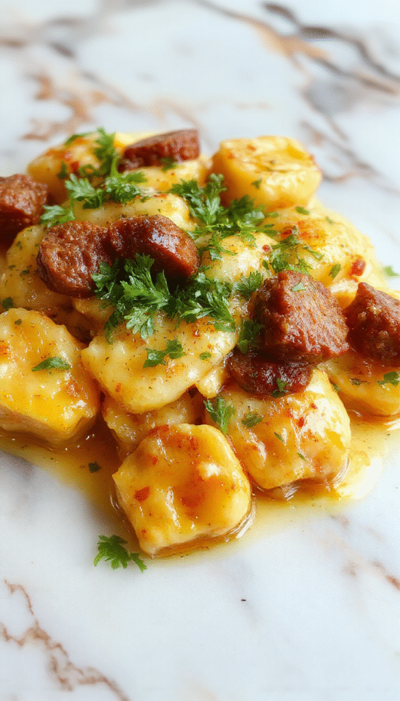 A vibrant plate of creamy butternut squash gnocchi topped with browned sausage slices, garnished with fresh herbs. The gnocchi are golden and tender, coated in a luscious orange-colored squash sauce. The dish is styled elegantly on a rustic white plate with a drizzle of sauce and herbs, set against a dark wooden background with natural lighting highlighting the textures.