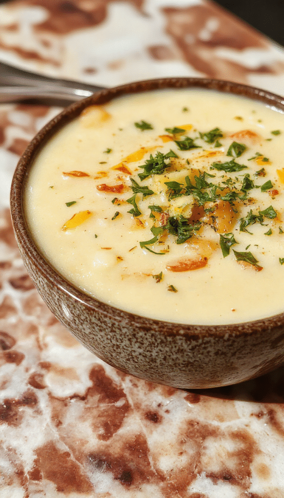 A vibrant bowl of creamy potato soup topped with melted cheddar cheese, fresh chopped herbs, and crispy garlic breadcrumbs. The soup has a rich, smooth texture with golden brown garlic bits and bright green herb garnish, presented on a rustic wooden table with slices of crusty bread in the background.