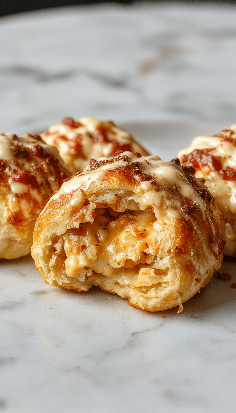 Golden-brown flaky crescent rolls filled with tender, shredded chicken and melted cheese, garnished with fresh herbs on a rustic wooden table